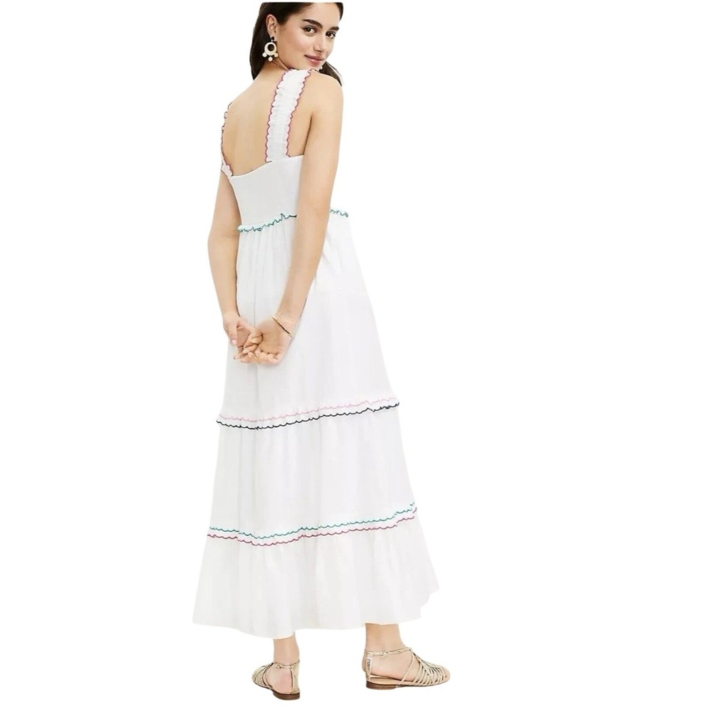 LOFT White Ric Rac Rainbow Trim Tiered Maxi Dress XS Square Neck Ruffle Strap XS - Picture 3 of 10